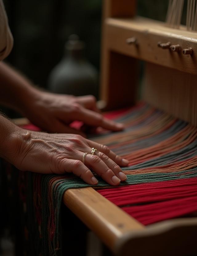 Mani artigiane che lavorano su un telaio tradizionale italiano